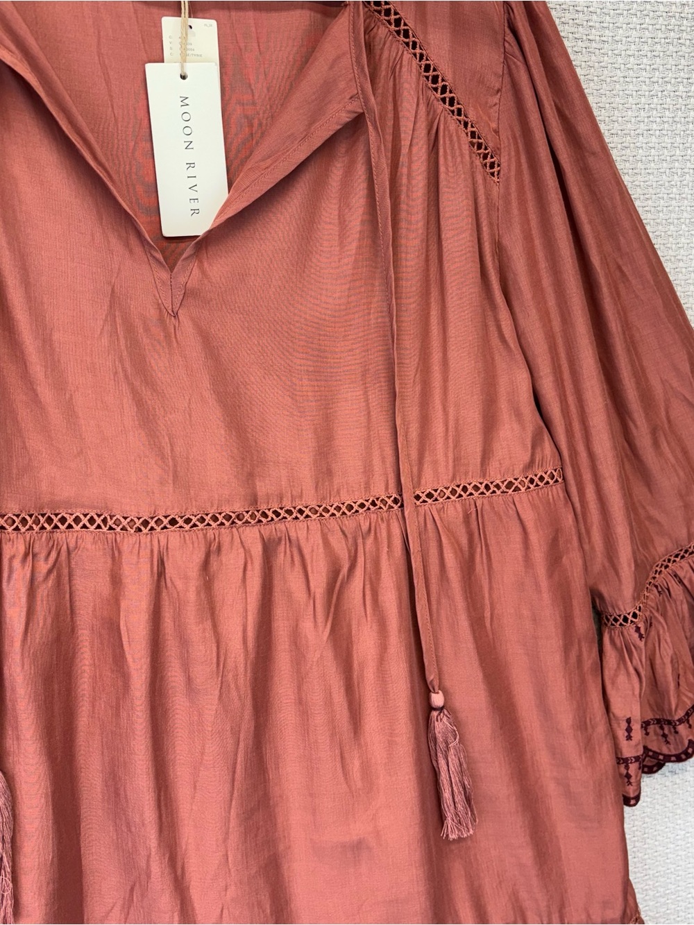 NWT Moon River Anthropologie Pink Mini Tunic Dress Med Boho Bell Sleeve Cottage - Picture 7 of 13